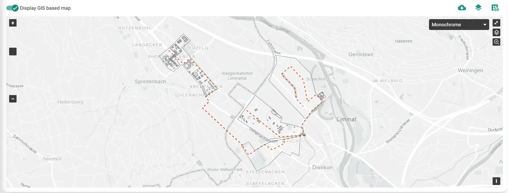 GIS site view of a data-center campus and the surrounding heat demand in Sympheny.