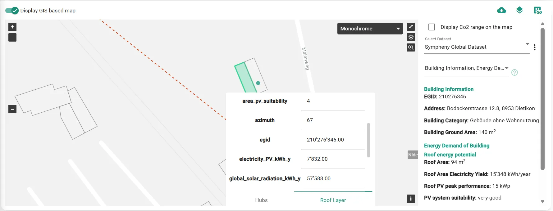 Sympheny GIS view: a selected building highlighted on a district map with the side panel showing EGID, address, ground area 140 m², roof area 94 m², PV peak performance 15 kWp and PV system suitability 'very good'