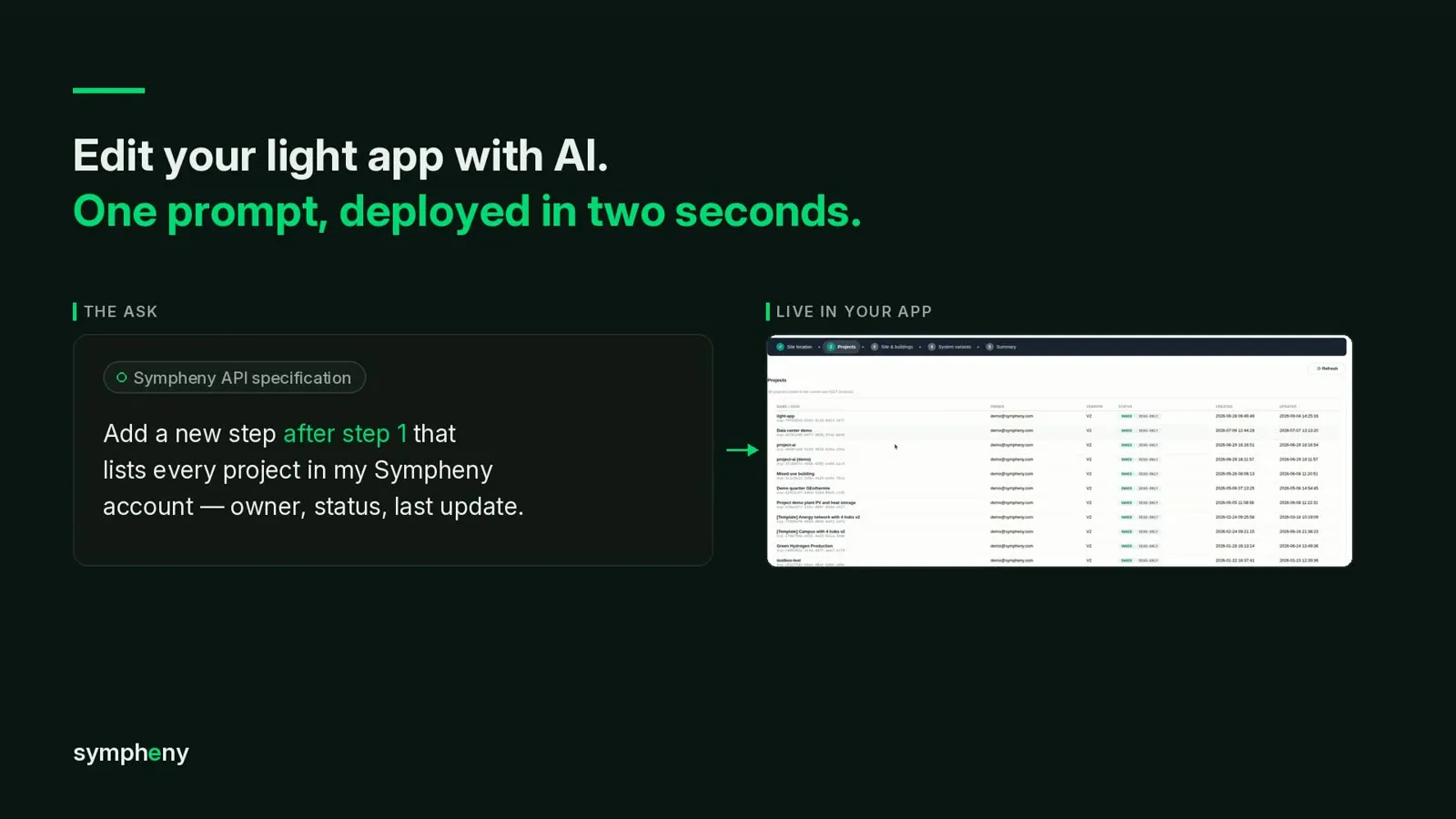 How to edit a Sympheny light app with AI: one prompt adds a wizard step, deployed in two seconds preview
