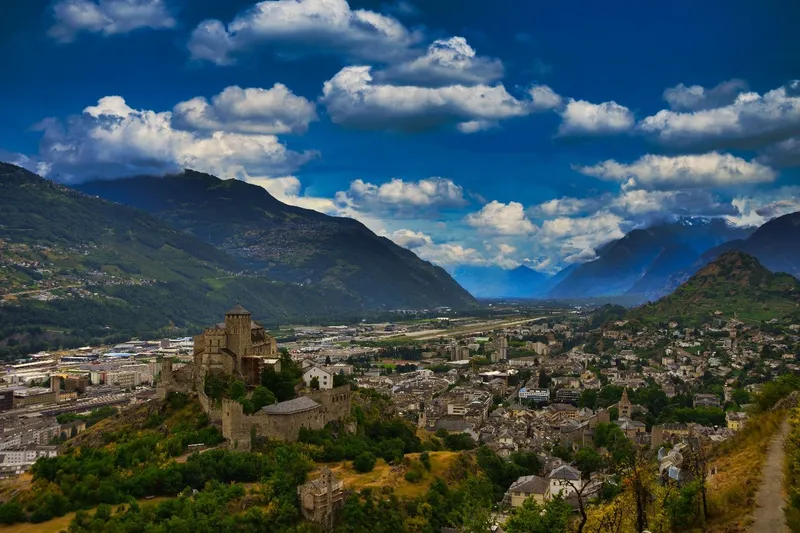 View over Sion, Switzerland, with Valère Basilica and the Rhône valley
