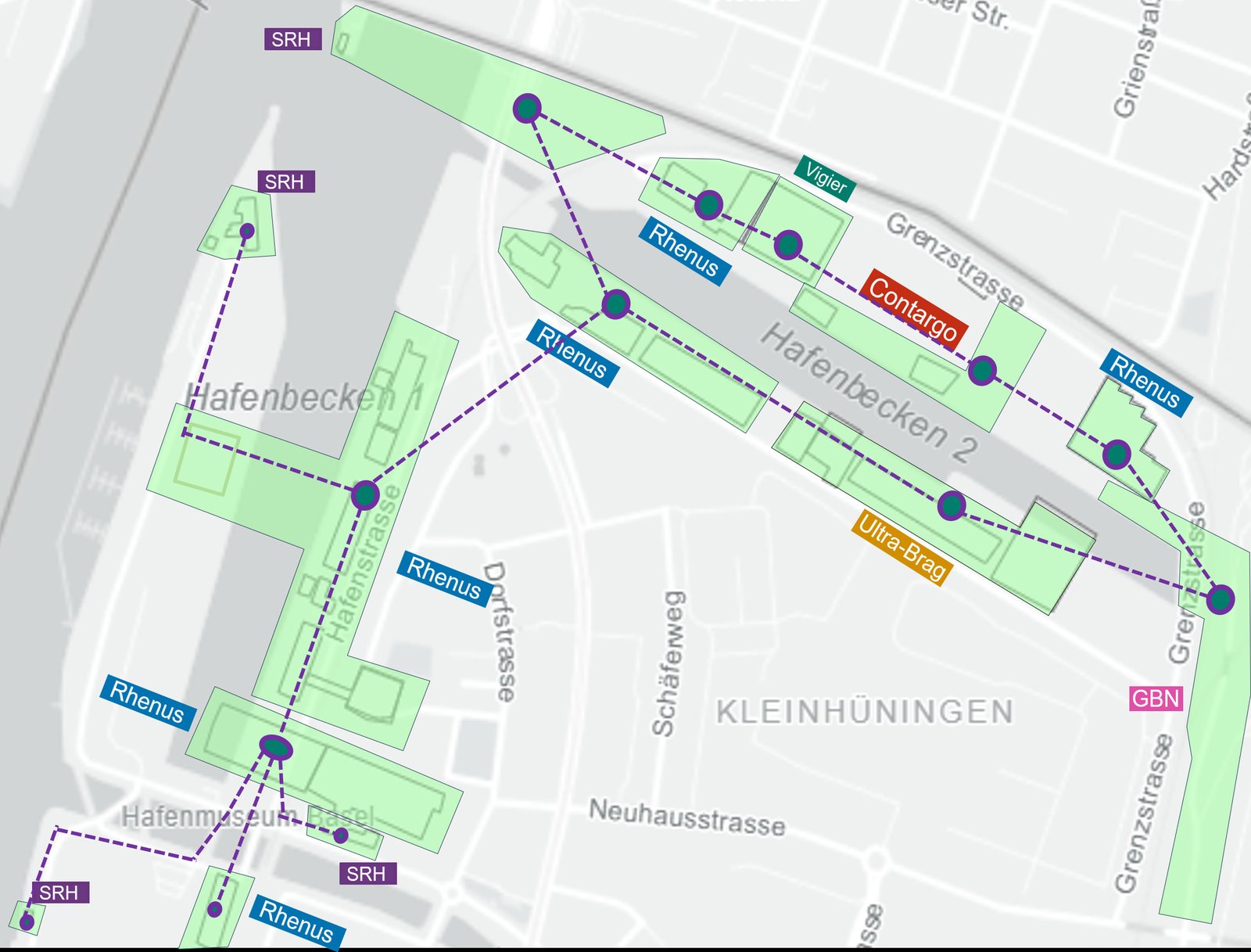 Map of the port area with a 2035 option: a dashed port-internal power grid links hubs across all company clusters, from the Rhine basin to the eastern quays.