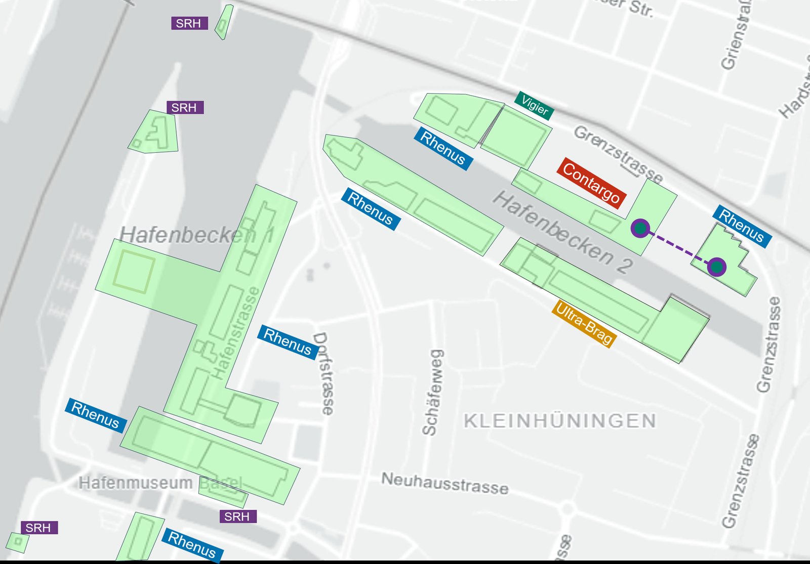 Map of the Kleinhüningen port area in Basel today, with company clusters shaded green and labelled by operator (Rhenus, SRH, Contargo, Ultra-Brag, Vigier). Only two clusters are linked electrically.