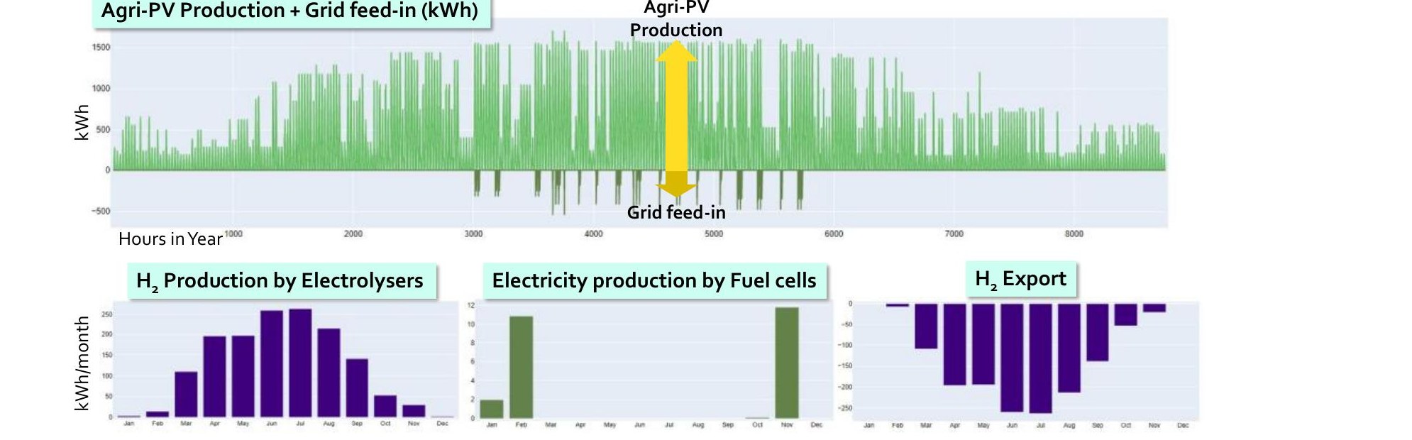 Annual energy charts: top — Agri-PV production and grid feed-in over the hours of the year; bottom — monthly H₂ production by electrolysers, electricity production by fuel cells, and H₂ export.