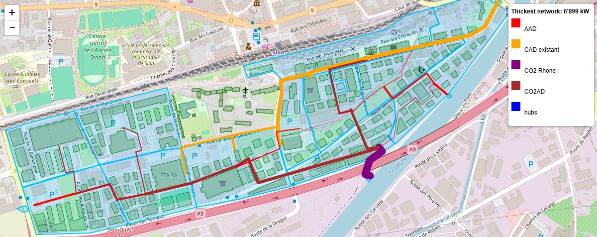 Ronquoz21 results map: optimal network routes drawn over the district, coloured by network type (groundwater anergy, existing district heating, Rhône CO₂ network, CO₂ anergy) with line thickness showing capacity, up to 6,899 kW.