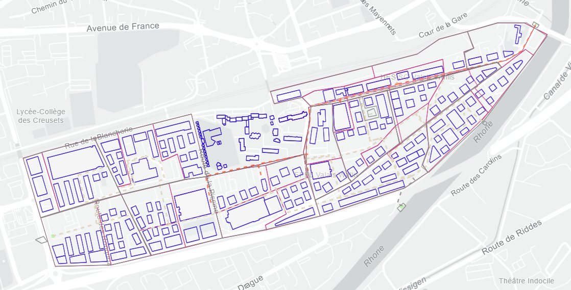 Map of the Ronquoz21 development in Sion showing around 200 digitised building outlines grouped into 11 sub-districts, with dashed lines for the candidate district heating and cooling network paths.