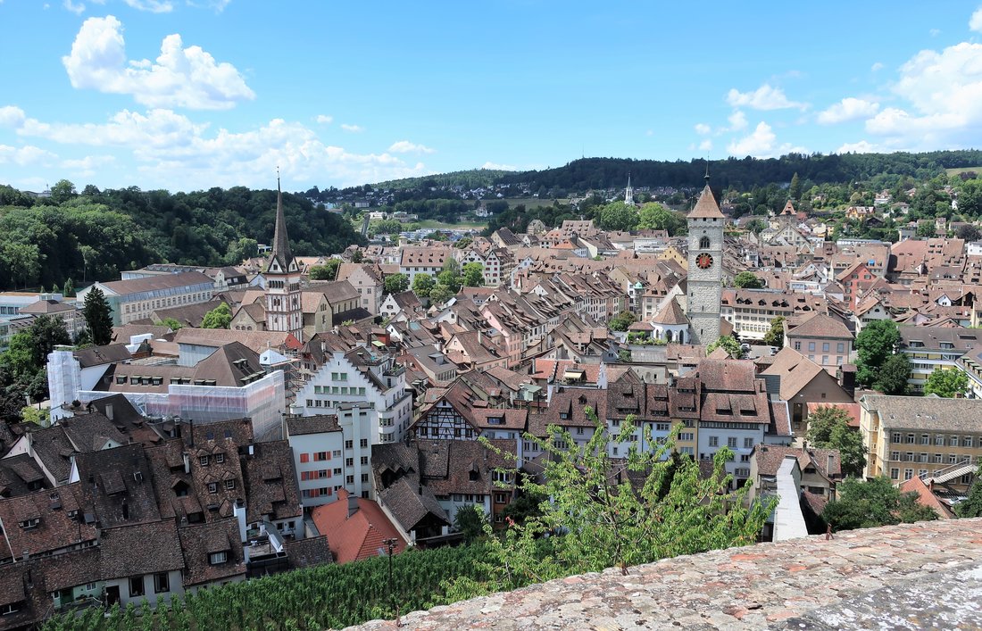 Elevated view over the old-town rooftops and clock tower of Schaffhausen, Switzerland