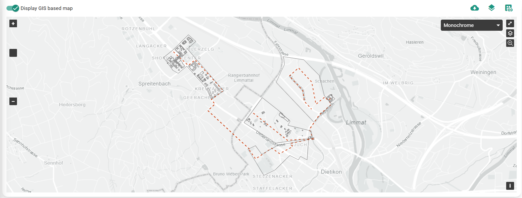 Sympheny GIS district view showing energy hub locations plotted on a map of a neighbourhood