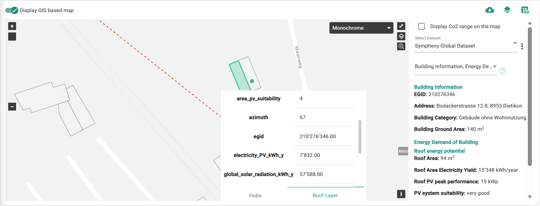 Sympheny GIS view: a selected building on a district map with the side panel showing EGID, ground area, roof PV potential 15 kWp and PV system suitability 'very good'